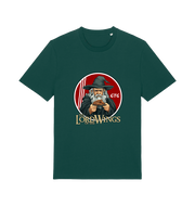 green funny t-shirt with a graphic design of a character holding a plate of fried chicken and the slogan 'lord of the wings'