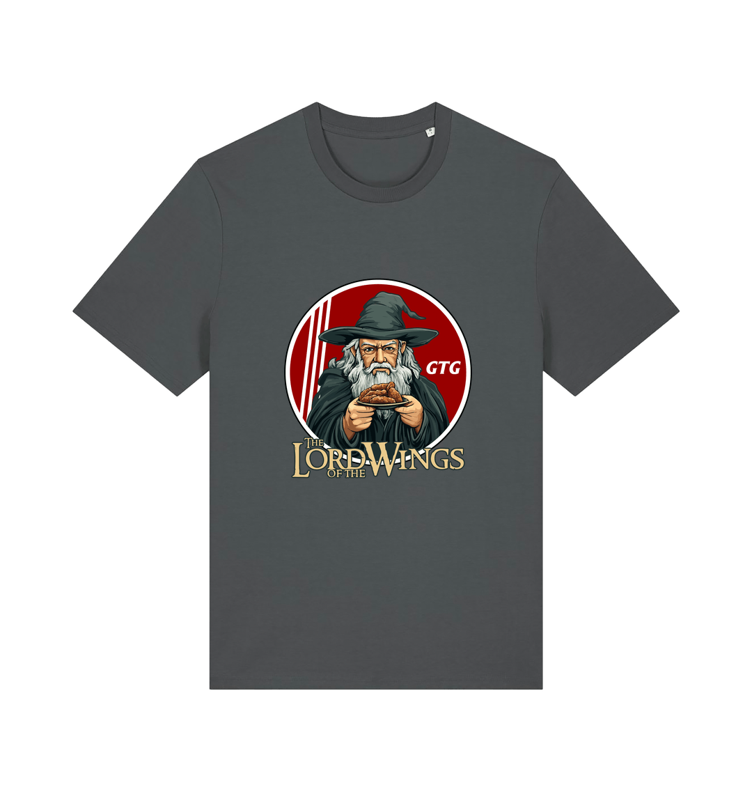 grey funny t-shirt with a graphic design of a character holding a plate of fried chicken and the slogan 'lord of the wings'