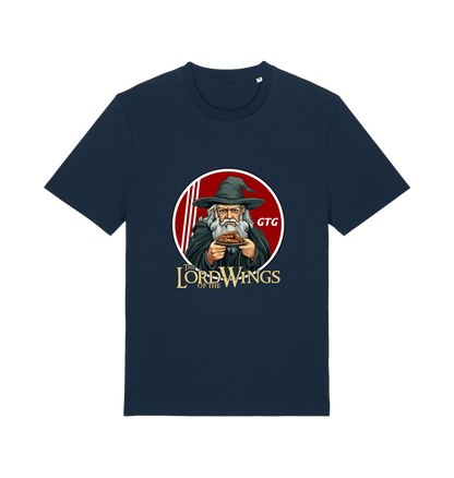 navy funny t-shirt with a graphic design of a character holding a plate of fried chicken and the slogan 'lord of the wings'