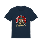 navy funny t-shirt with a graphic design of a character holding a plate of fried chicken and the slogan 'lord of the wings'