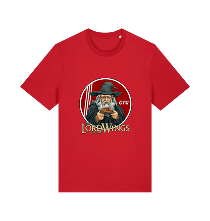 red funny t-shirt with a graphic design of a character holding a plate of fried chicken and the slogan 'lord of the wings'