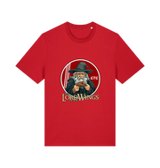 red funny t-shirt with a graphic design of a character holding a plate of fried chicken and the slogan 'lord of the wings'