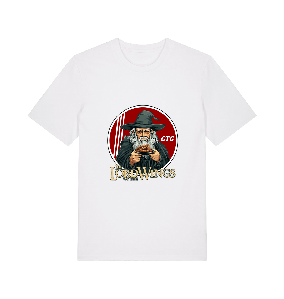 white funny t-shirt with a graphic design of a character holding a plate of fried chicken and the slogan 'lord of the wings'
