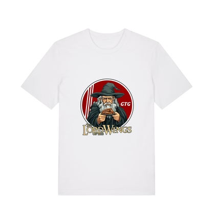 white funny t-shirt with a graphic design of a character holding a plate of fried chicken and the slogan 'lord of the wings'