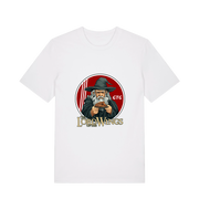 white funny t-shirt with a graphic design of a character holding a plate of fried chicken and the slogan 'lord of the wings'