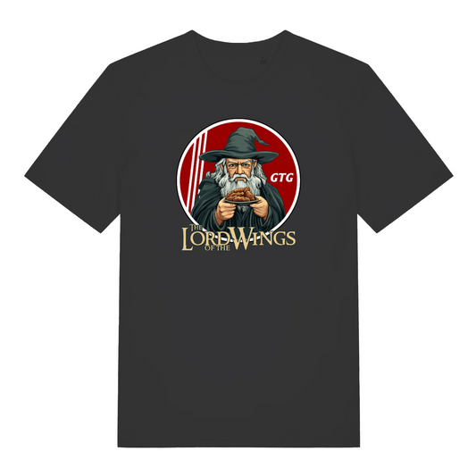 black funny graphic t-shirt with the graphic of a wizard holding a plate of fried chicken and the slogan 'lord of the wings'