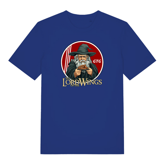 blue funny graphic t-shirt with the graphic of a wizard holding a plate of fried chicken and the slogan 'lord of the wings'