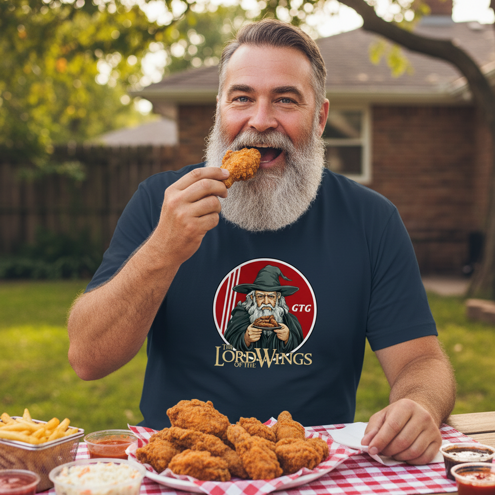 Man eating fried chicken outdoors with a 'Lord of the Wings' t-shirt
