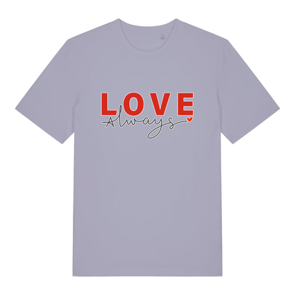 Lavender Love Always funny slogan t-shirt with bold red “LOVE always” text and small heart  