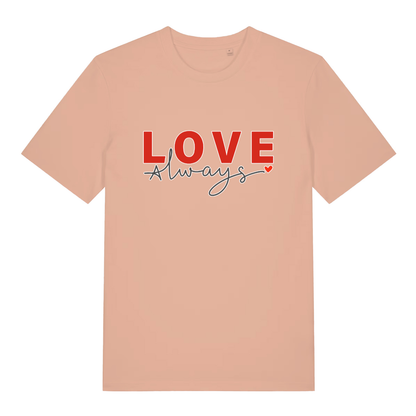 Peach Love Always funny slogan t-shirt showing red “LOVE always” slogan with heart detail  