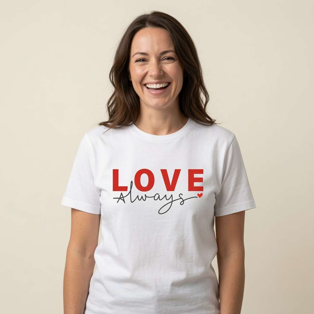 Woman laughing in white Love Always t-shirt, ladies peace kindness slogan mum