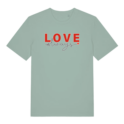 green women's slogan t-shirt with the text 'love always'