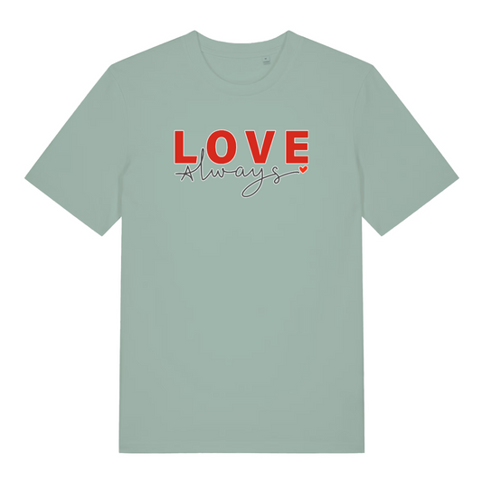 green women's slogan t-shirt with the text 'love always'