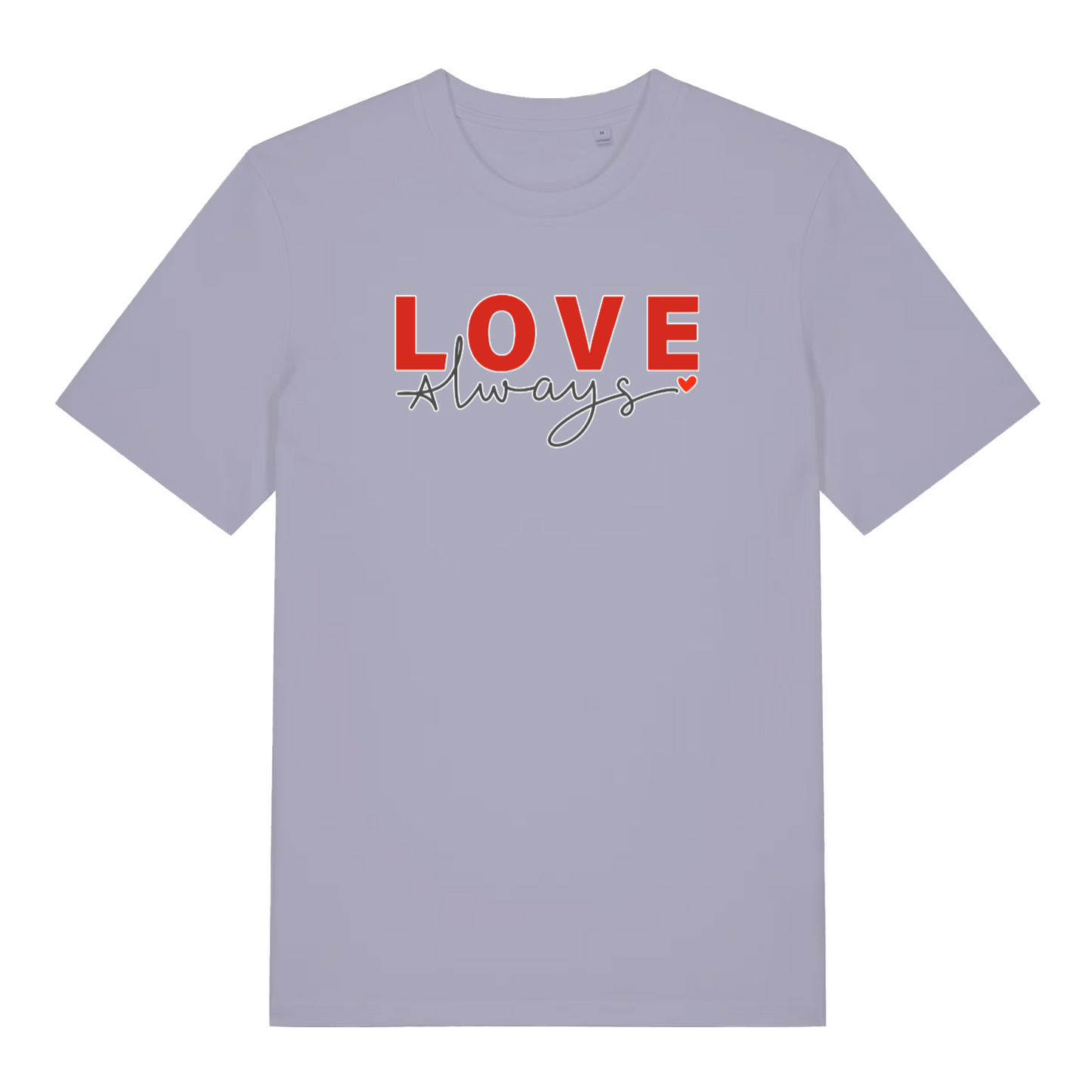 lavender women's slogan t-shirt with the text 'love always'