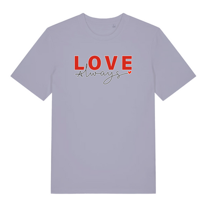 lavender women's slogan t-shirt with the text 'love always'