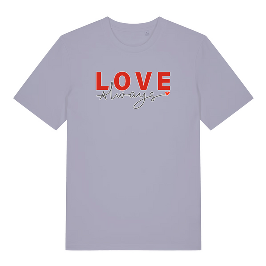 lavender women's slogan t-shirt with the text 'love always'