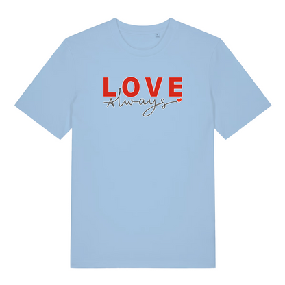 light blue women's slogan t-shirt with the text 'love always'