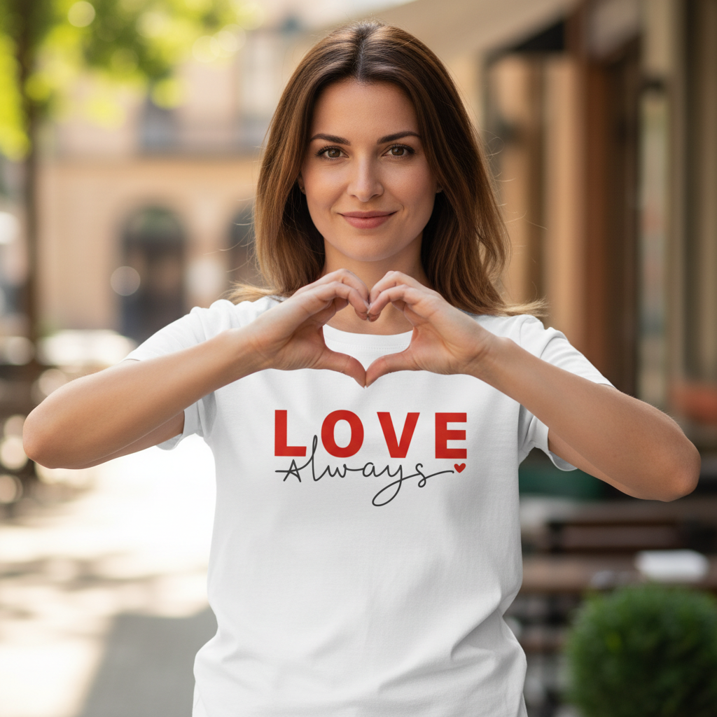 woman making a love heart with her hands whilst wearing a white slogan t-shirt with the text 'love always'