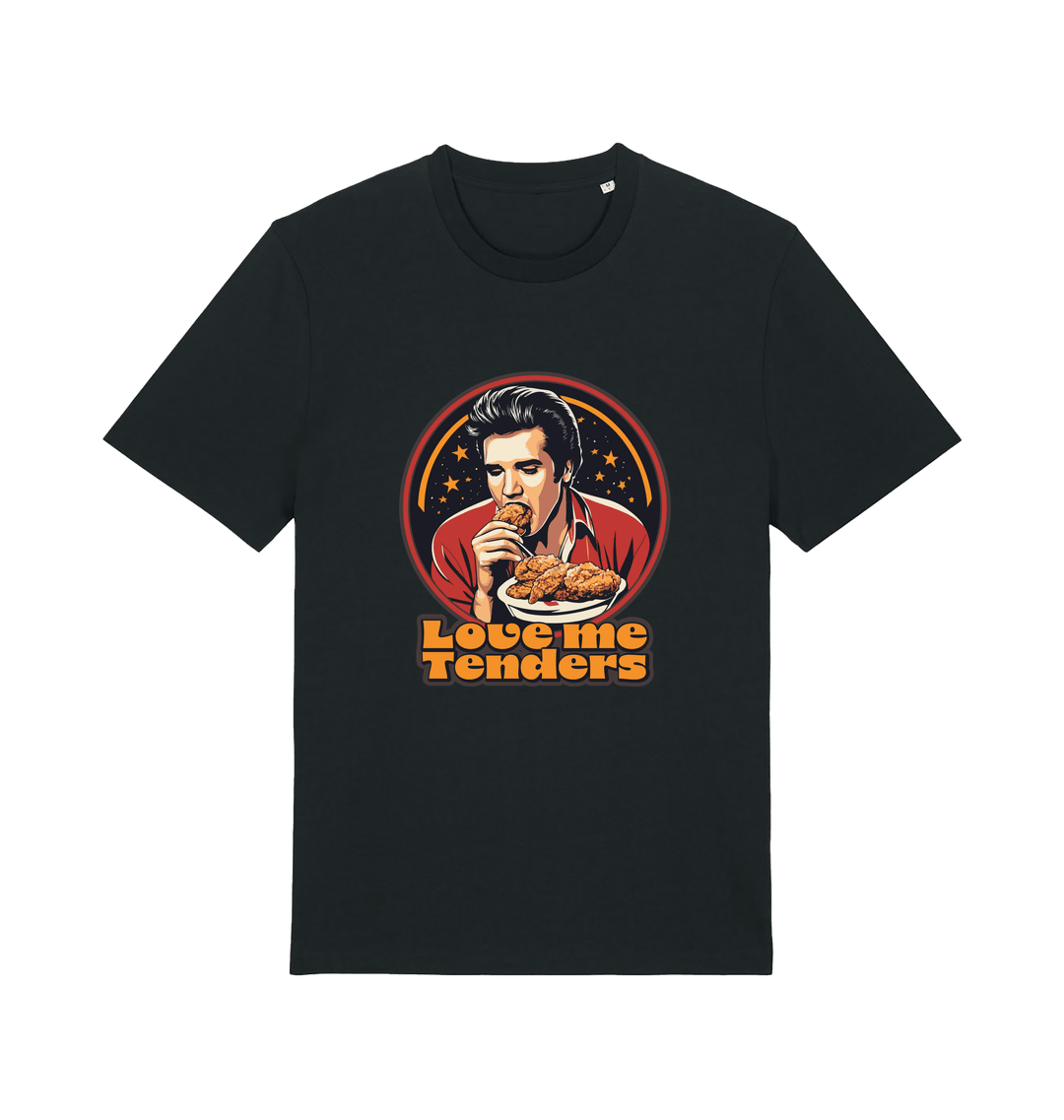 Black funny t-shirt with a graphic design of Elvis eating fried chicken and the slogan 'Love me Tenders' 