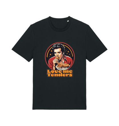 Black funny t-shirt with a graphic design of Elvis eating fried chicken and the slogan 'Love me Tenders' 