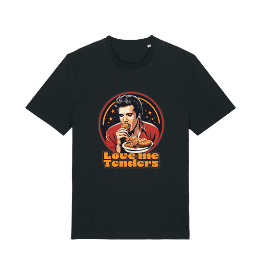 Black funny t-shirt with a graphic design of Elvis eating fried chicken and the slogan 'Love me Tenders' 