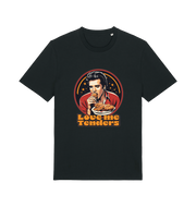 Black funny t-shirt with a graphic design of Elvis eating fried chicken and the slogan 'Love me Tenders' 