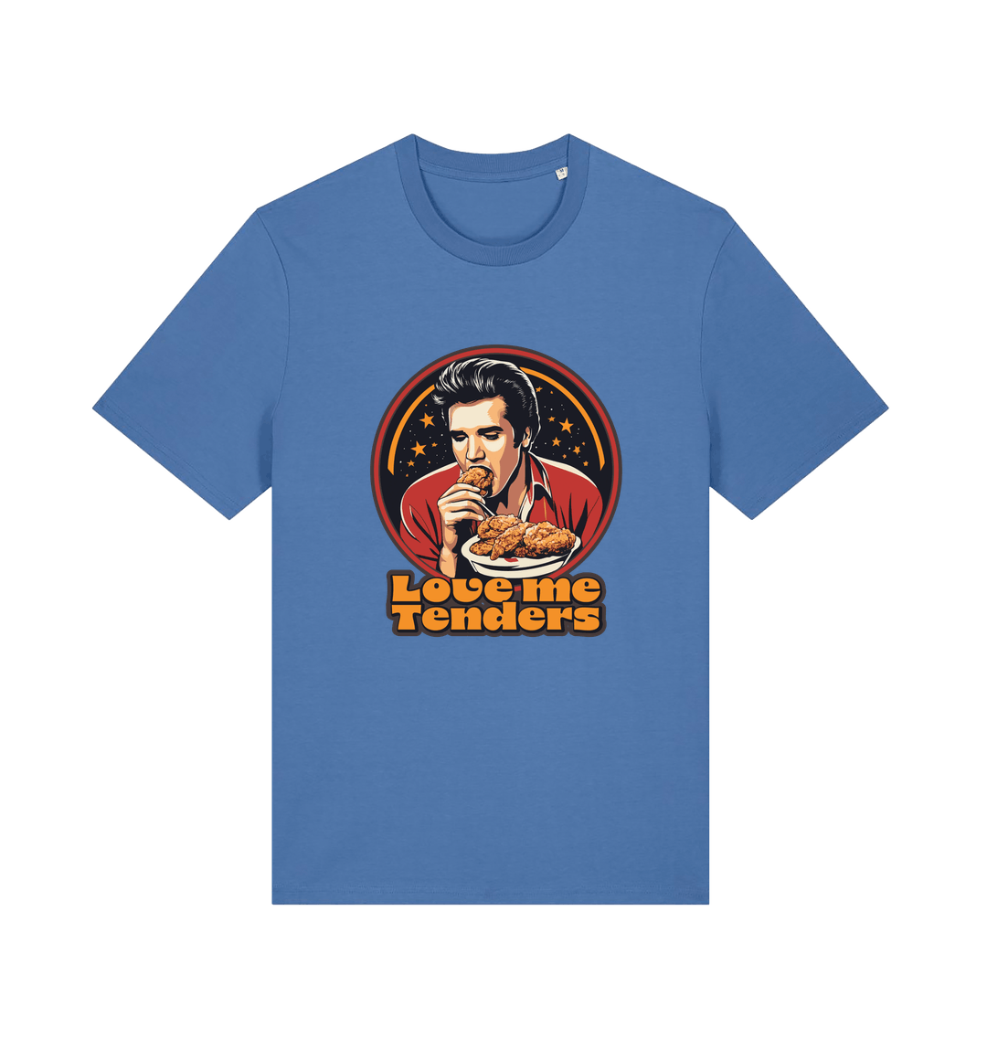 blue funny t-shirt with a graphic design of Elvis eating fried chicken and the slogan 'Love me Tenders' 
