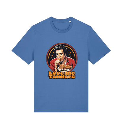 blue funny t-shirt with a graphic design of Elvis eating fried chicken and the slogan 'Love me Tenders' 