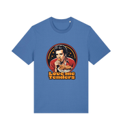 blue funny t-shirt with a graphic design of Elvis eating fried chicken and the slogan 'Love me Tenders' 