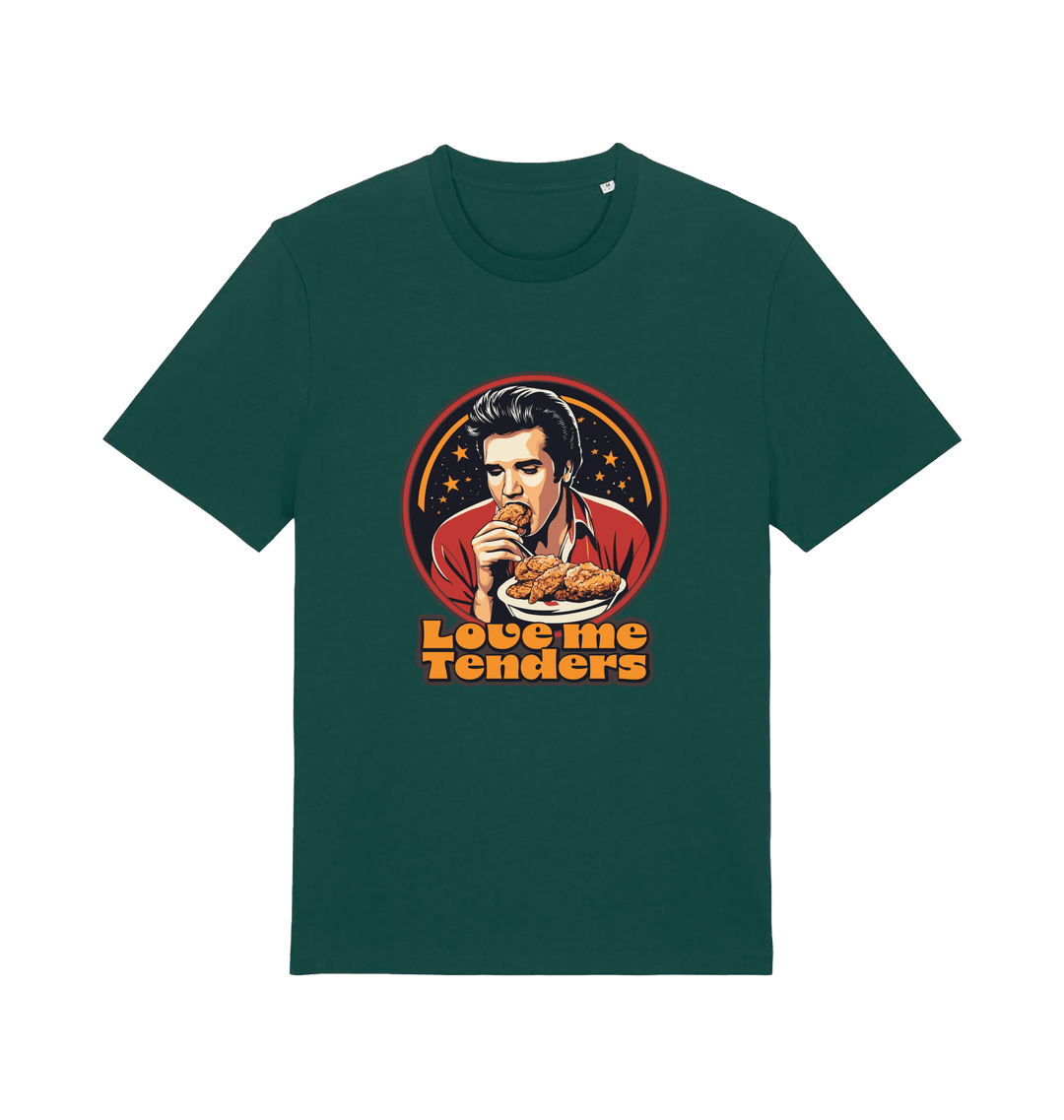 green funny t-shirt with a graphic design of Elvis eating fried chicken and the slogan 'Love me Tenders' 