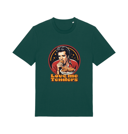 green funny t-shirt with a graphic design of Elvis eating fried chicken and the slogan 'Love me Tenders' 