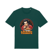 green funny t-shirt with a graphic design of Elvis eating fried chicken and the slogan 'Love me Tenders' 