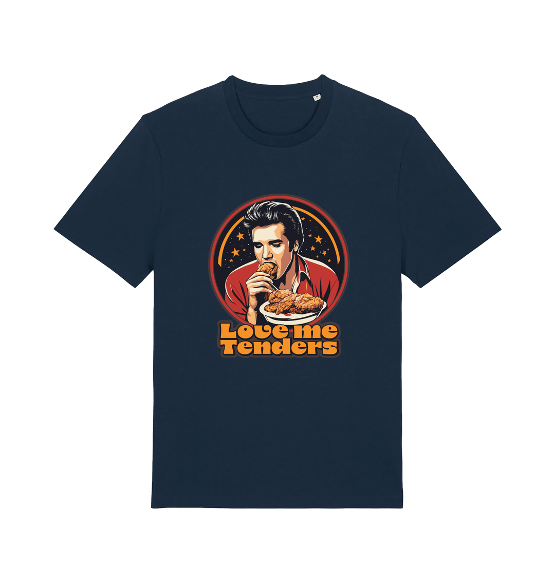navy funny t-shirt with a graphic design of Elvis eating fried chicken and the slogan 'Love me Tenders' 