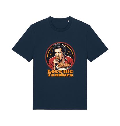 navy funny t-shirt with a graphic design of Elvis eating fried chicken and the slogan 'Love me Tenders' 