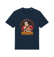 navy funny t-shirt with a graphic design of Elvis eating fried chicken and the slogan 'Love me Tenders' 
