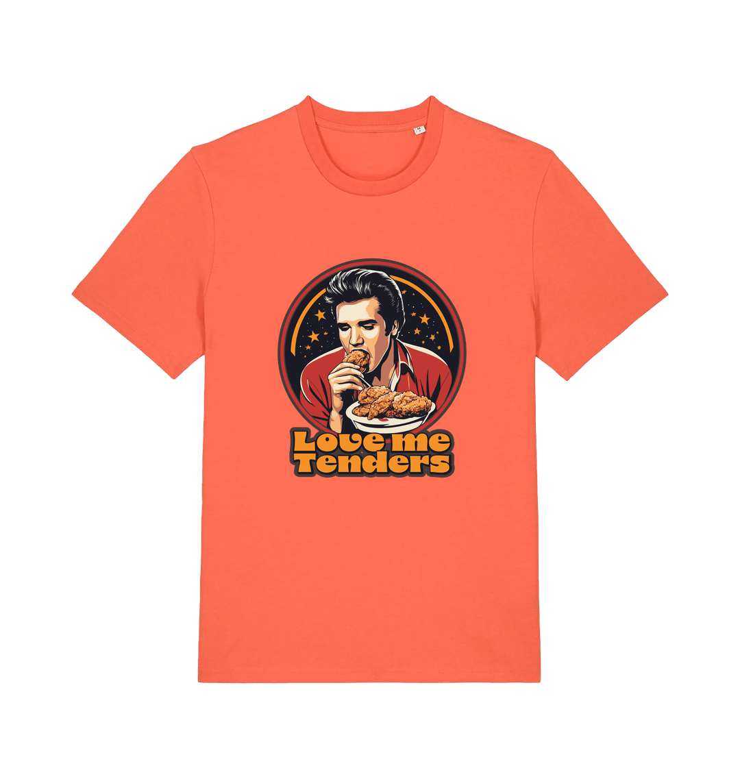 orange funny t-shirt with a graphic design of Elvis eating fried chicken and the slogan 'Love me Tenders' 