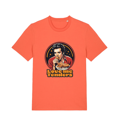orange funny t-shirt with a graphic design of Elvis eating fried chicken and the slogan 'Love me Tenders' 