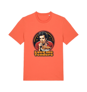 orange funny t-shirt with a graphic design of Elvis eating fried chicken and the slogan 'Love me Tenders' 