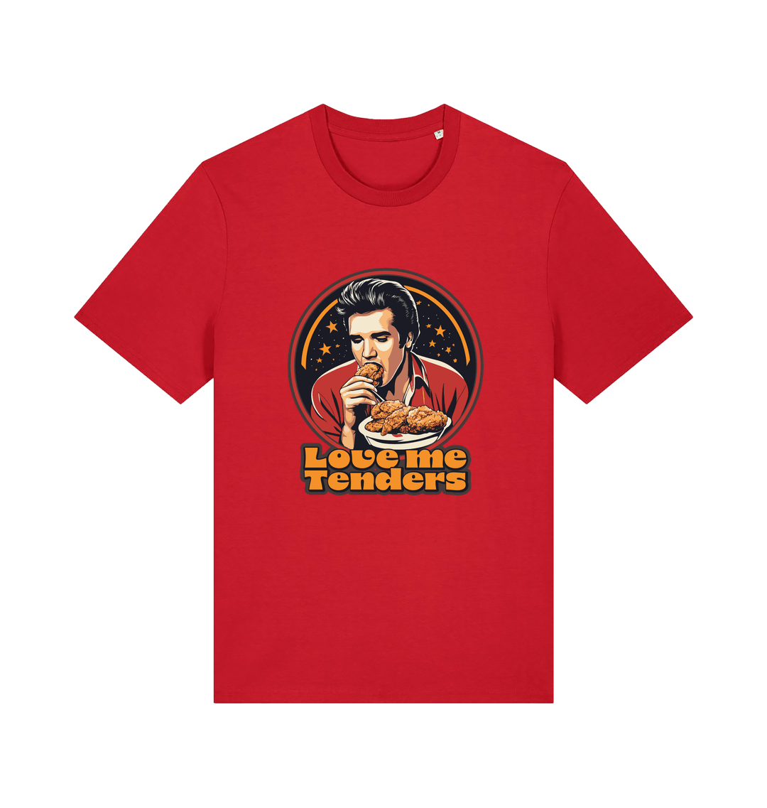 red funny t-shirt with a graphic design of Elvis eating fried chicken and the slogan 'Love me Tenders' 