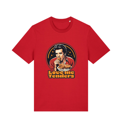 red funny t-shirt with a graphic design of Elvis eating fried chicken and the slogan 'Love me Tenders' 