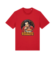 red funny t-shirt with a graphic design of Elvis eating fried chicken and the slogan 'Love me Tenders' 