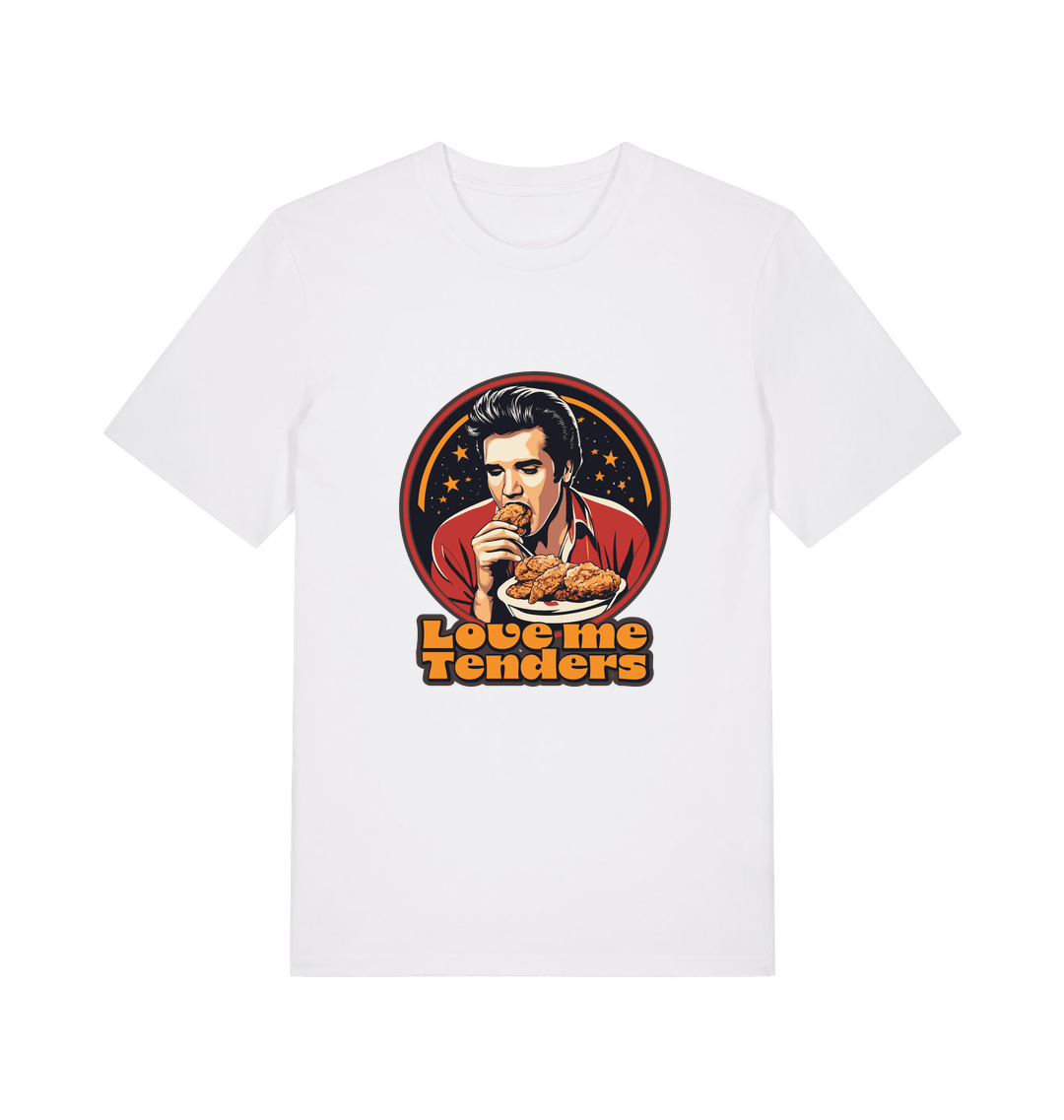 white funny t-shirt with a graphic design of Elvis eating fried chicken and the slogan 'Love me Tenders' 