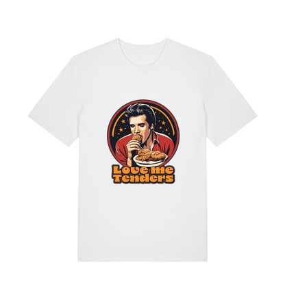 white funny t-shirt with a graphic design of Elvis eating fried chicken and the slogan 'Love me Tenders' 