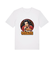 white funny t-shirt with a graphic design of Elvis eating fried chicken and the slogan 'Love me Tenders' 