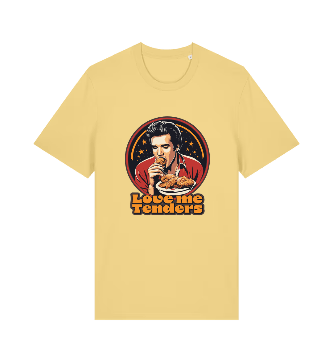 yellow funny t-shirt with a graphic design of Elvis eating fried chicken and the slogan 'Love me Tenders' 