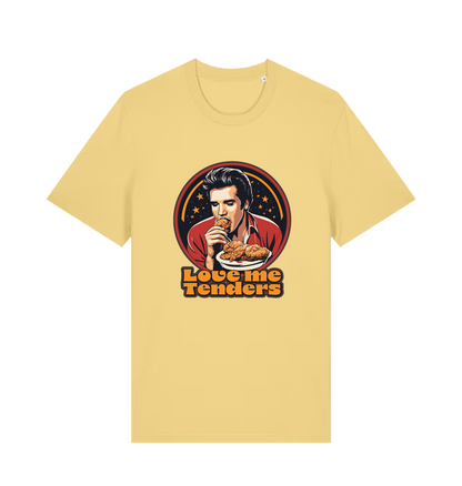 yellow funny t-shirt with a graphic design of Elvis eating fried chicken and the slogan 'Love me Tenders' 