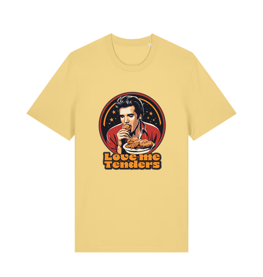 yellow funny t-shirt with a graphic design of Elvis eating fried chicken and the slogan 'Love me Tenders' 
