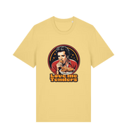 yellow funny t-shirt with a graphic design of Elvis eating fried chicken and the slogan 'Love me Tenders' 