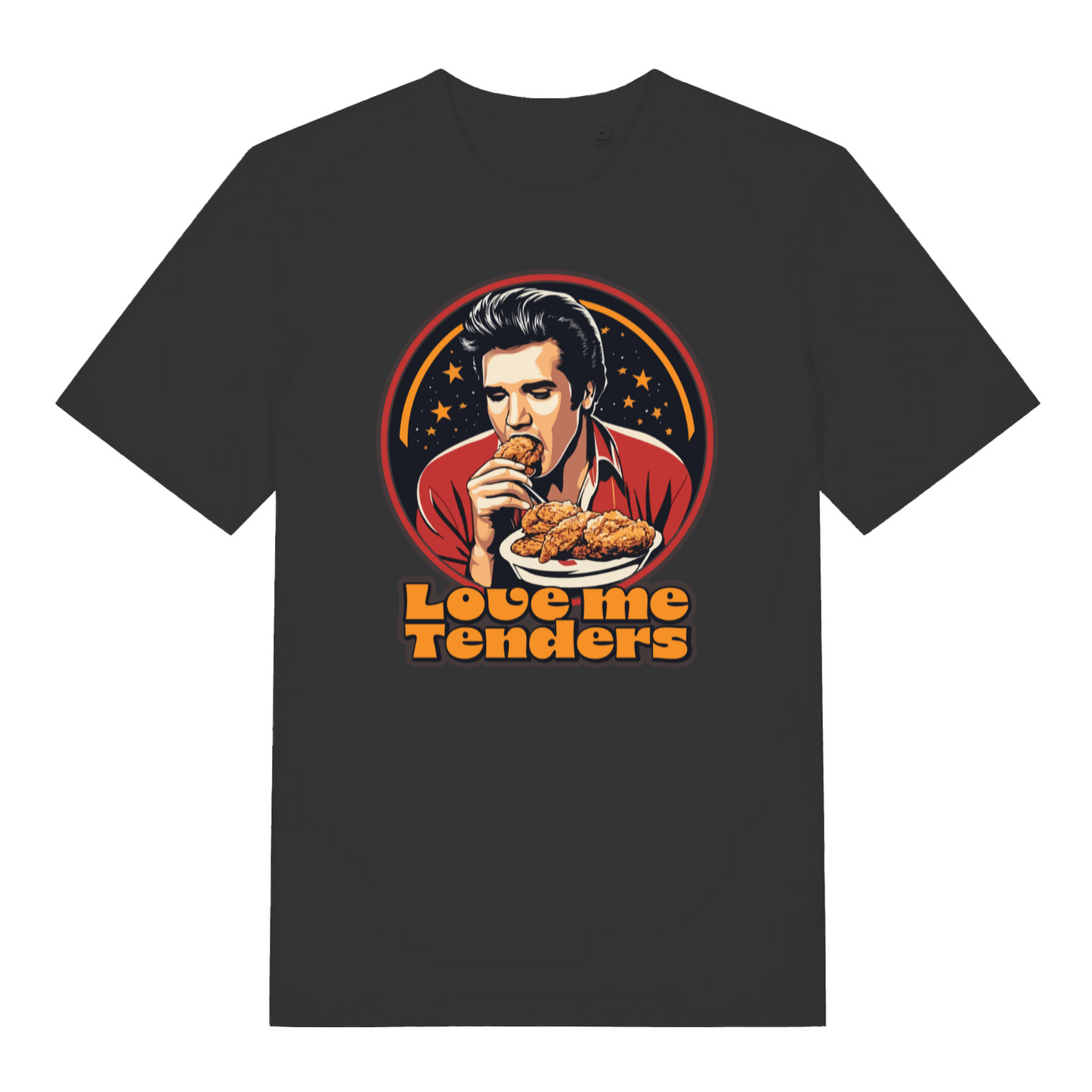 black funny graphic t-shirt with the graphic of a cartoon elvis eating fried chicken and the slogan 'love me tenders'