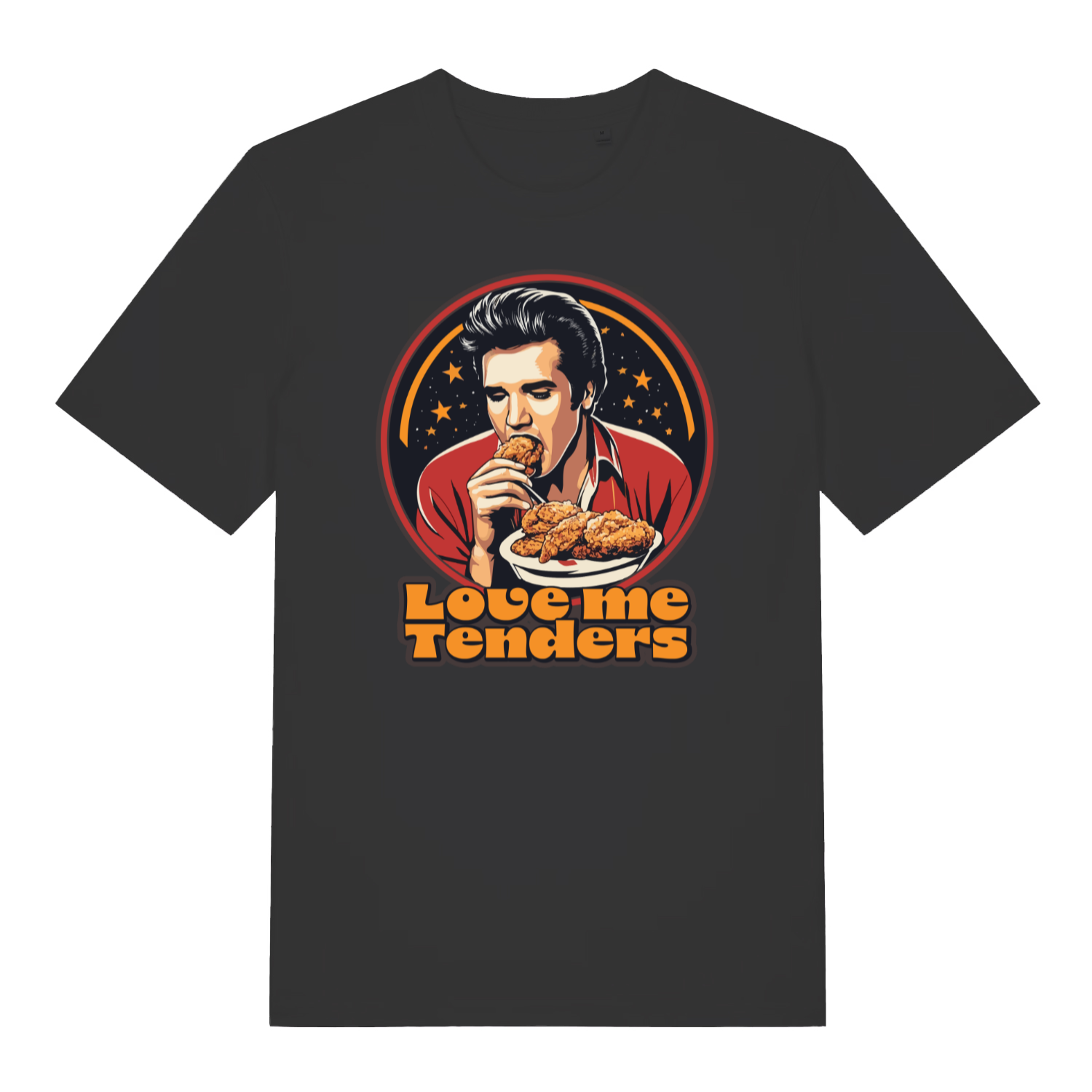black funny graphic t-shirt with the graphic of a cartoon elvis eating fried chicken and the slogan 'love me tenders'